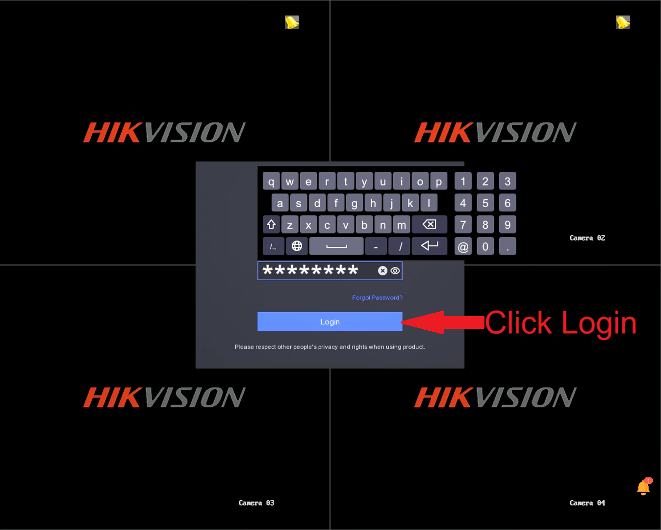 Hikvision DVR - Login Screen - Keyboard - Click Login