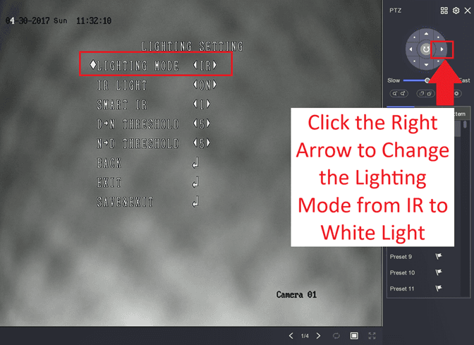 Hikvision - Hybrid Light Colour at Night Setting - 08 - Right Arrow - Lighting Mode from IR to White Light