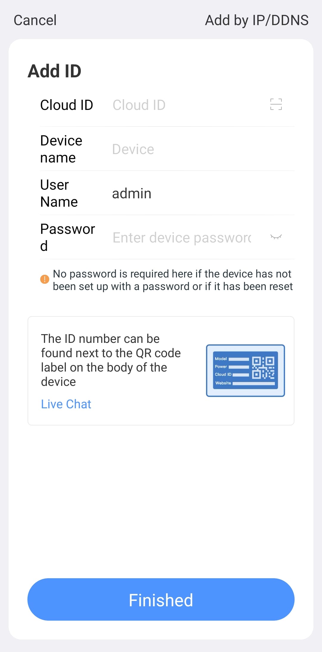 Device Add Screen Eseecloud – Adding a Device – Manually adding Cloud ID – Camera ID add ...