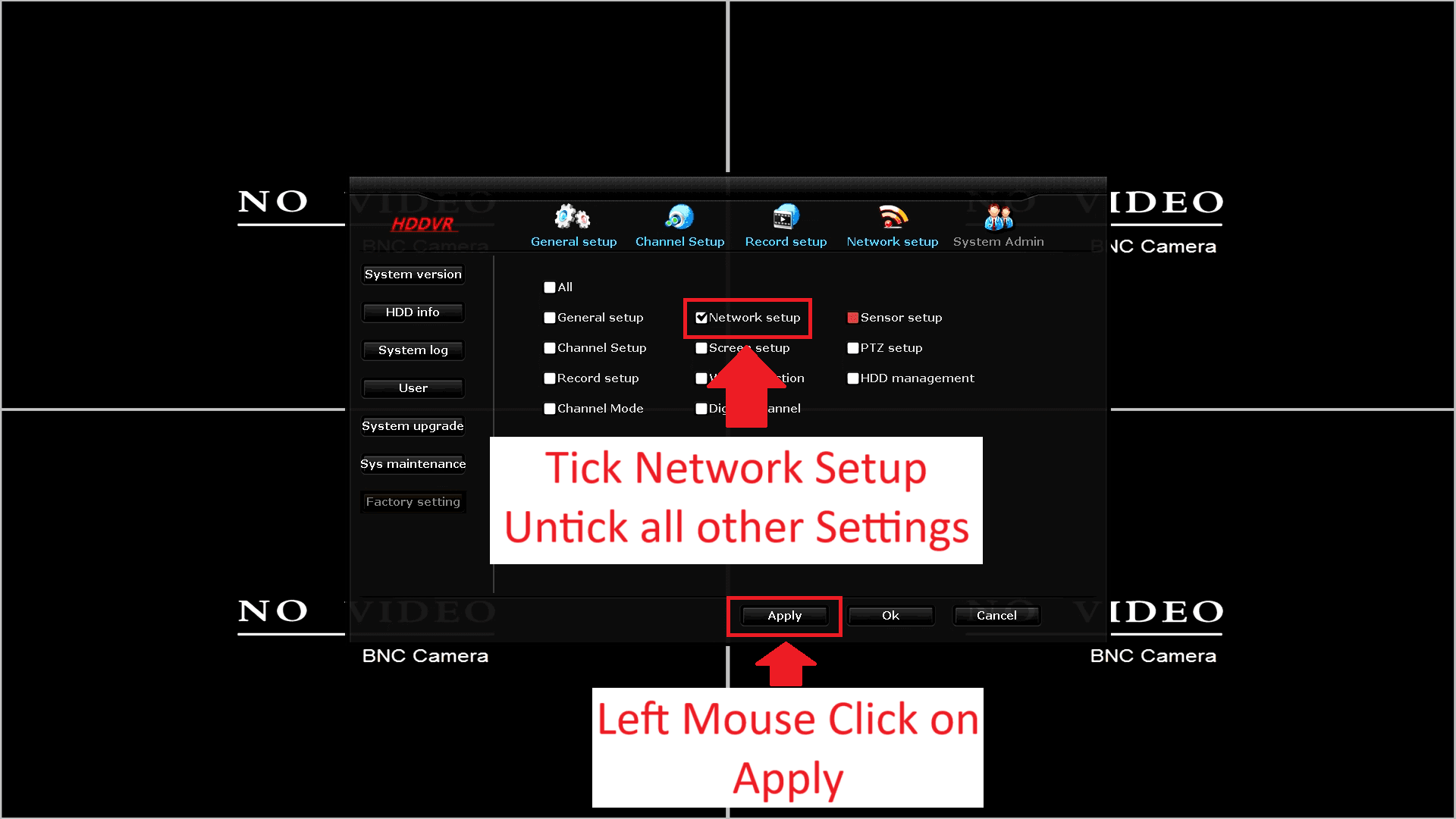 LZ DVR - IP Conflict - Factory Settings - Network Setup - Apply