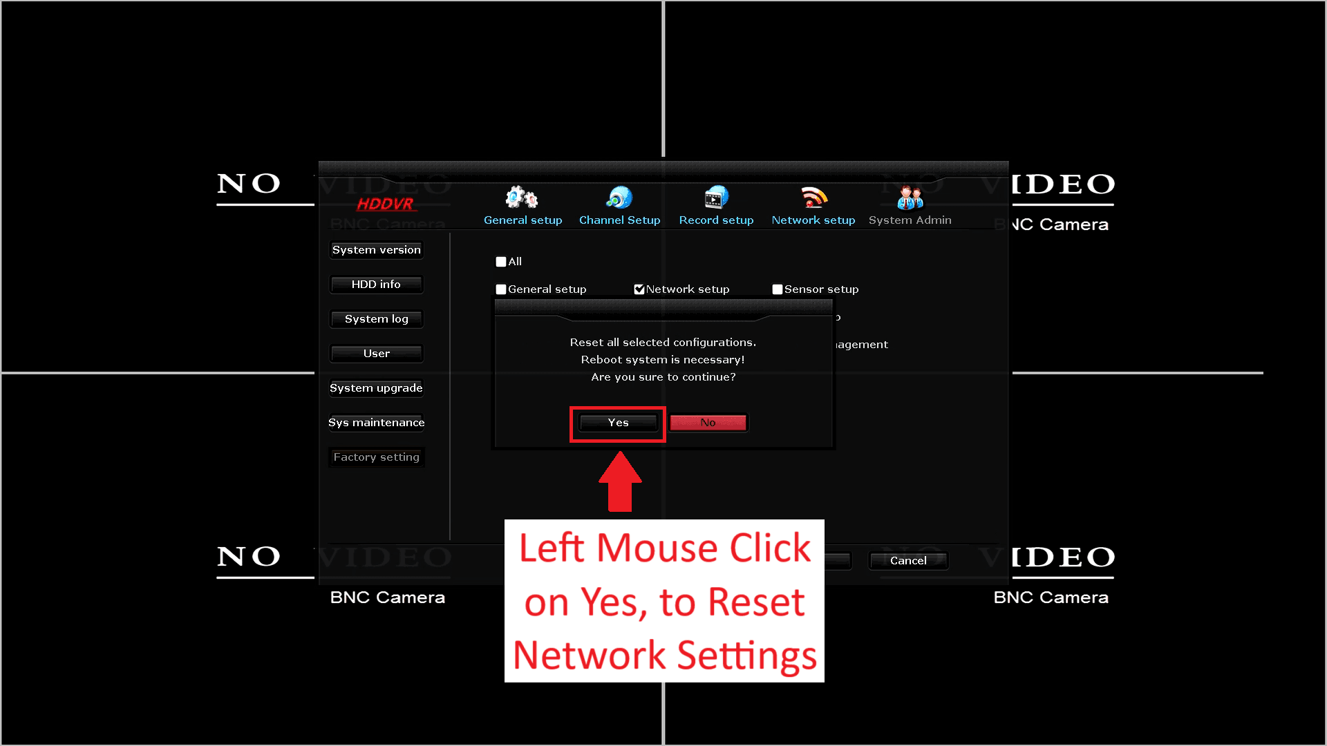 LZ DVR - IP Conflict - Factory Settings - Network Setup - Confirmation Yes