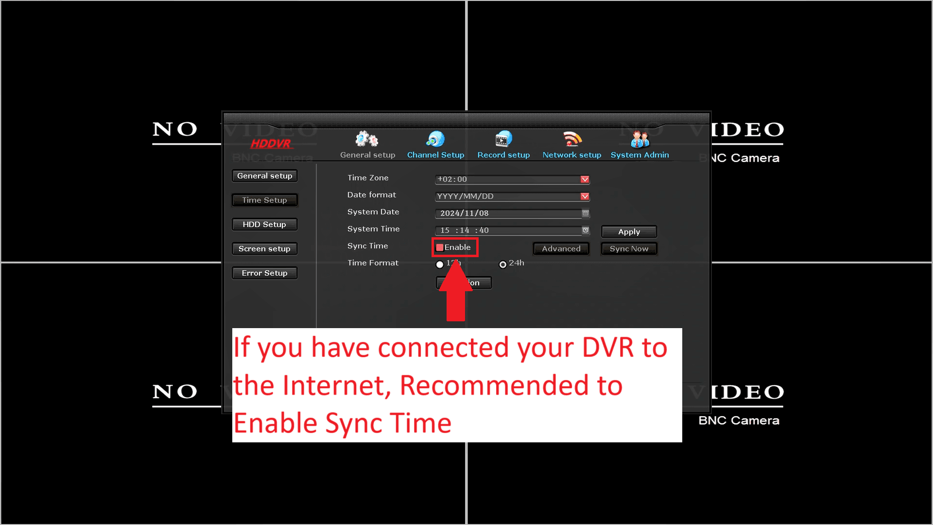 LZ DVR - Setting System Time - Time Menu - Enable Sync Time