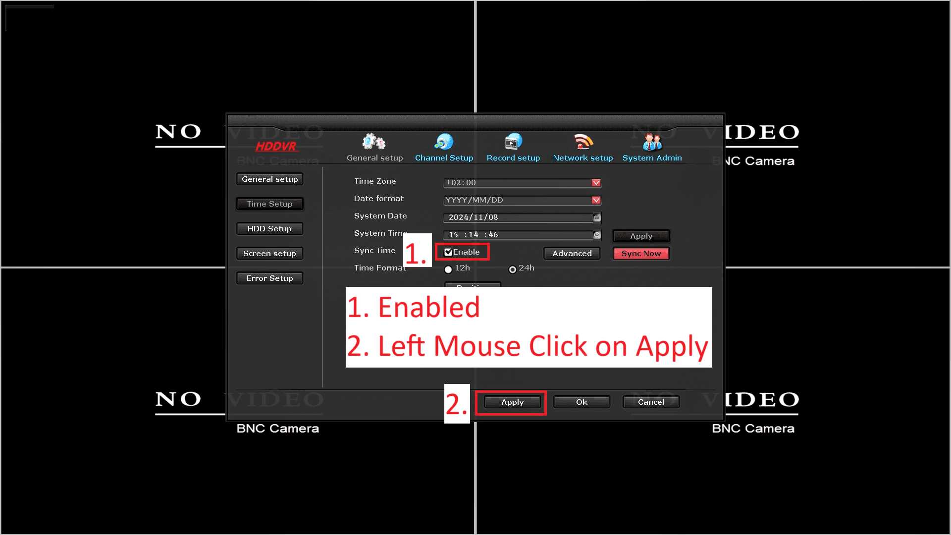 LZ DVR - Setting System Time - Time Menu - Sync Time Enabled - Left Mouse Click on Apply