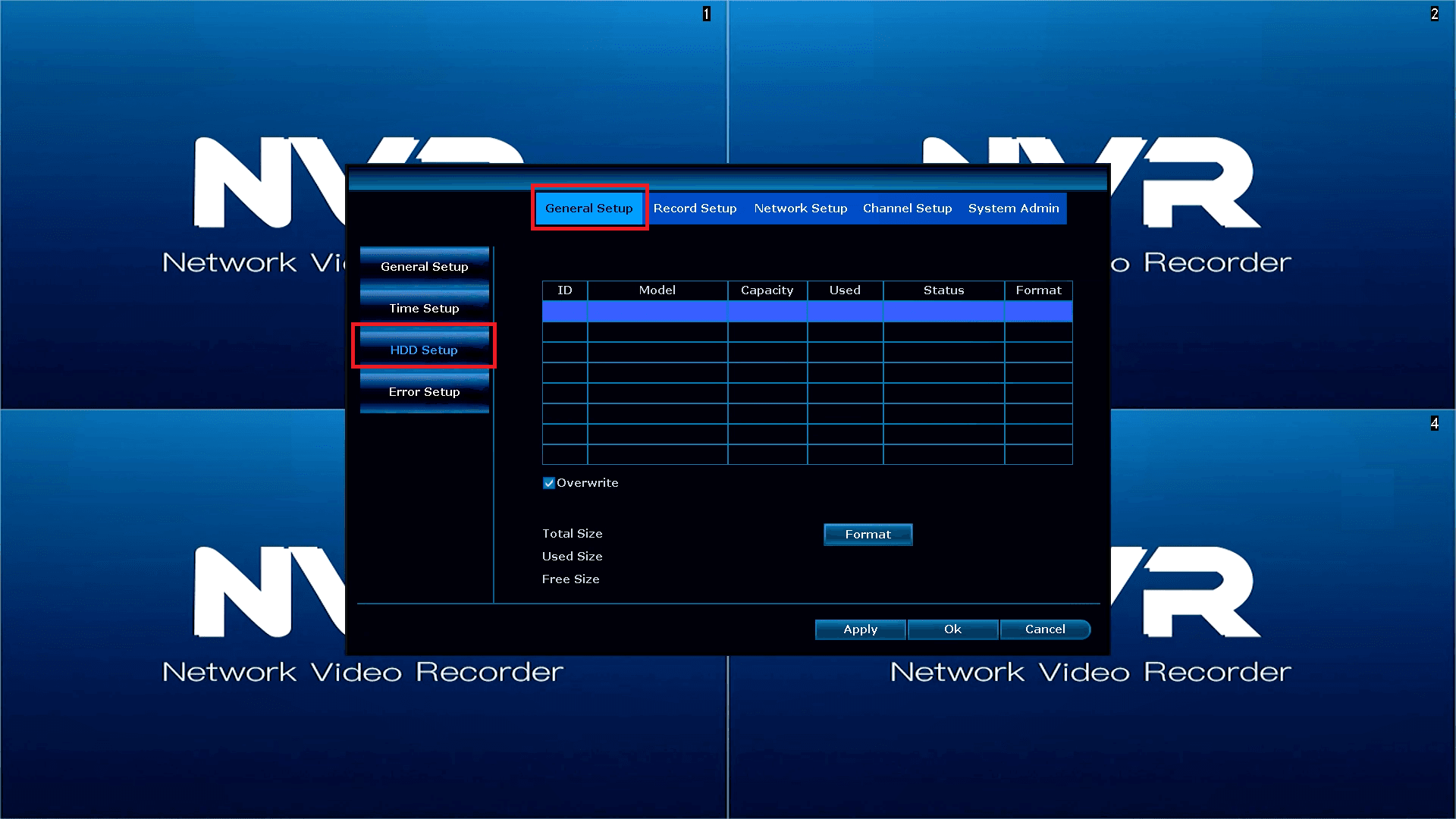 LZ NVR - D8204-3-PE3020 - Menu - General Tab - HDD Setup Menu Item