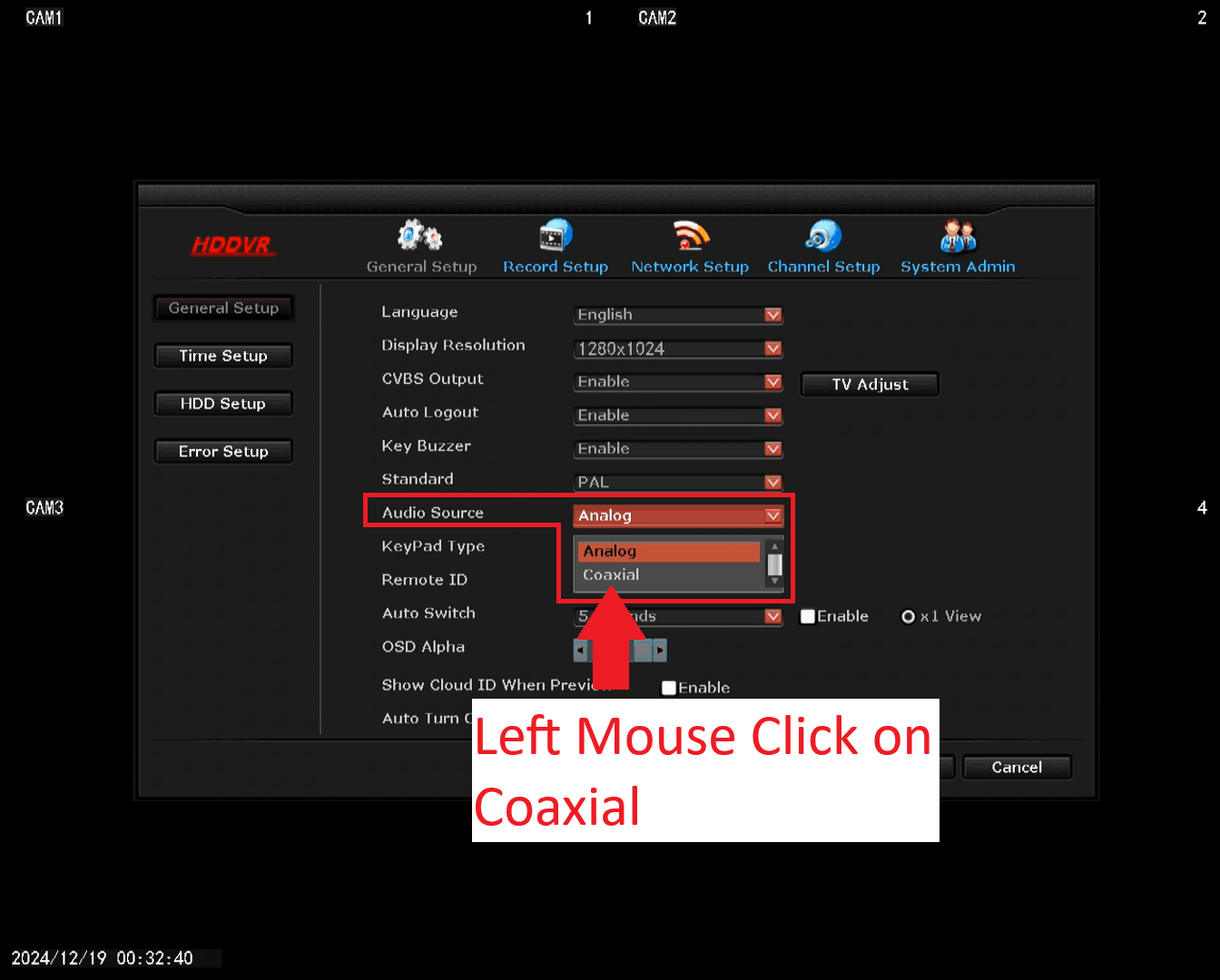 LZ DVR - Audio Setup - Select Coaxial