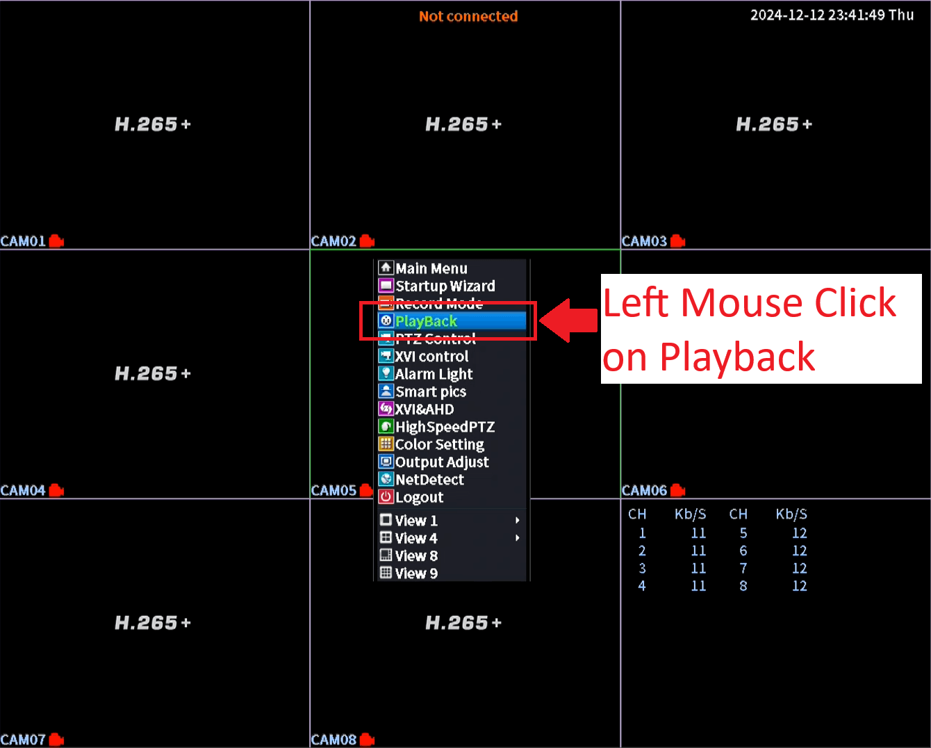 xMeye - Left Mouse Click on Playback Menu Item