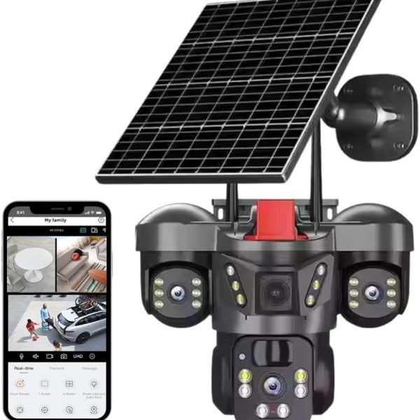 Solar WIFI Triple Lens with Red Siren - V380 Pro App - Model BG621TR - 3 * 2 Megapixel